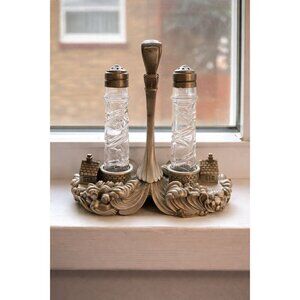 Vintage Pewter Salt & Pepper Shakers Set with Glass Bottles Nautical Style